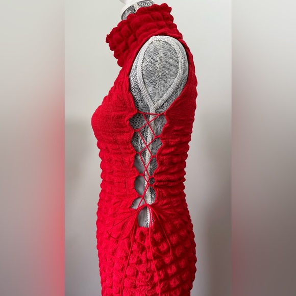 Daisy Red Bubble Knit Lace Up Maxi Dress - Picture 9 of 10